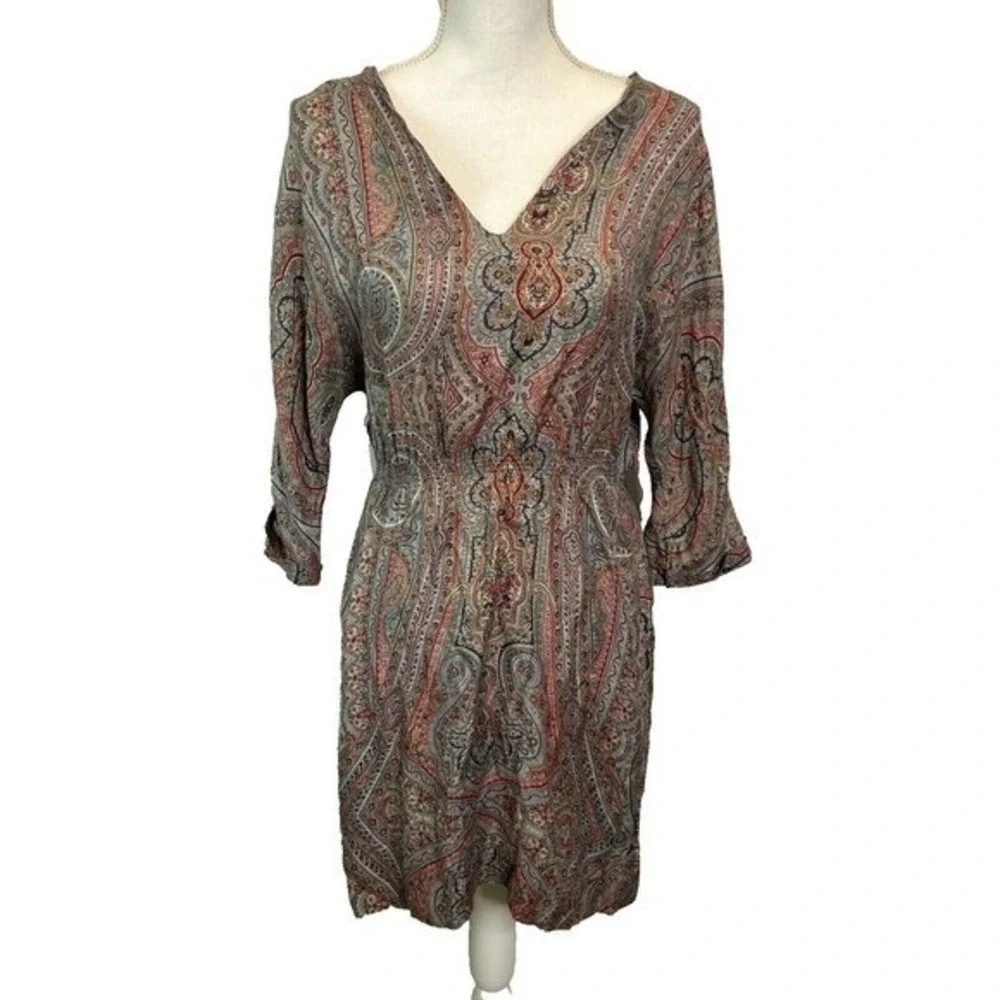 Zara Woman Medium Paisley Silk‎ Blend V-Neck Elastic Waist Boho Mini Dress M